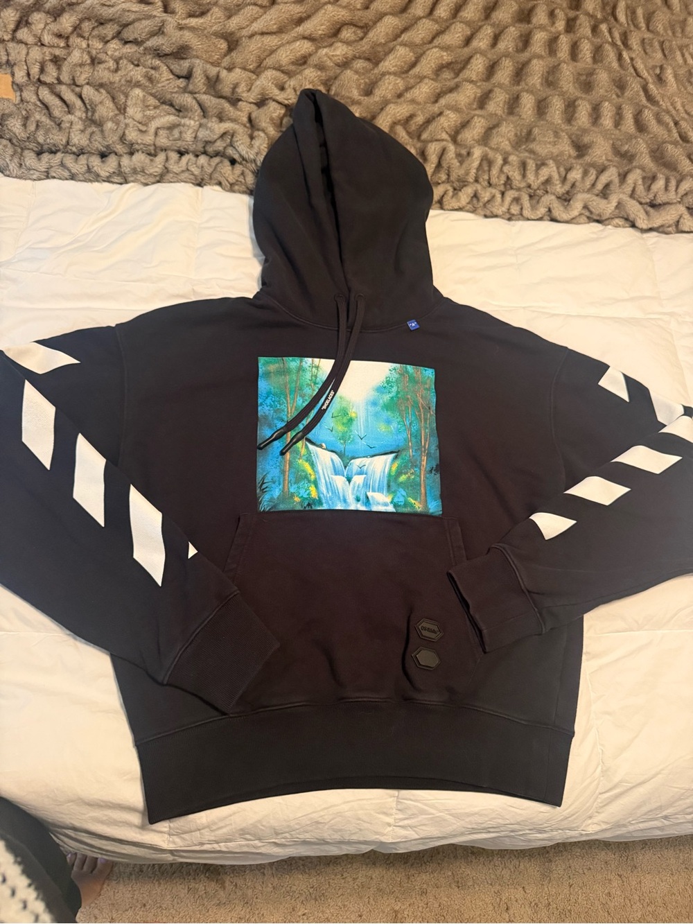 “Main Label” Off-White Black Hoodie with Blue and Green Waterfall Print